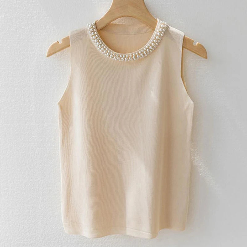 Knitted Vests Top Solid Tank Blusas Sleeveless Beading Casual Tops Thin Mujer De Moda.