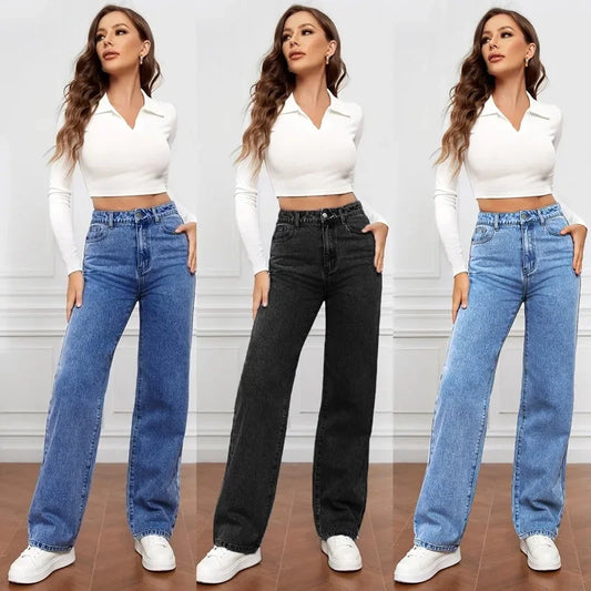 Jeans Straight Denim Washing High Waist Loose Fit.