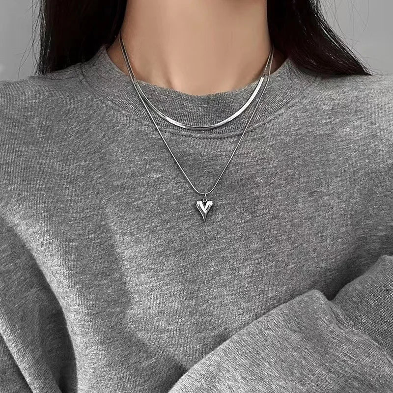 Double Layered Love Heart Pendant Necklace.