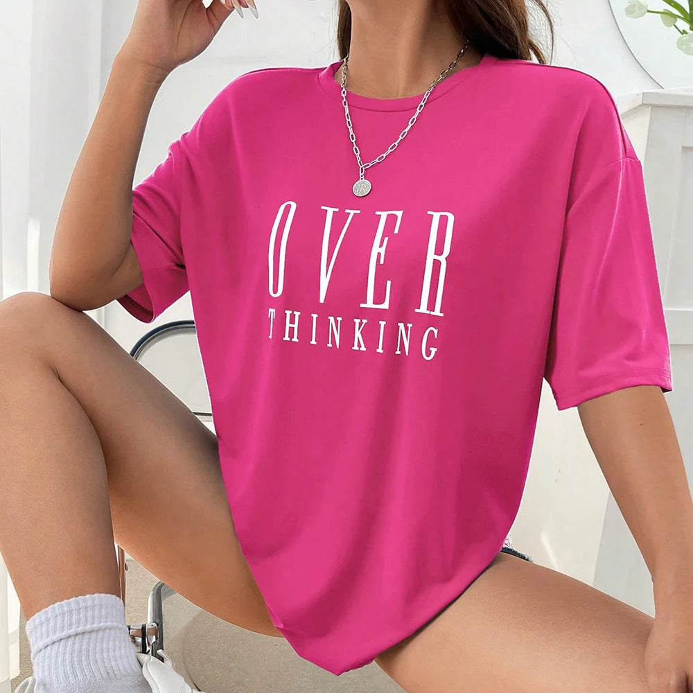 Over Thinking Letter Print Breathable Vintage O-Neck T-Shirt.