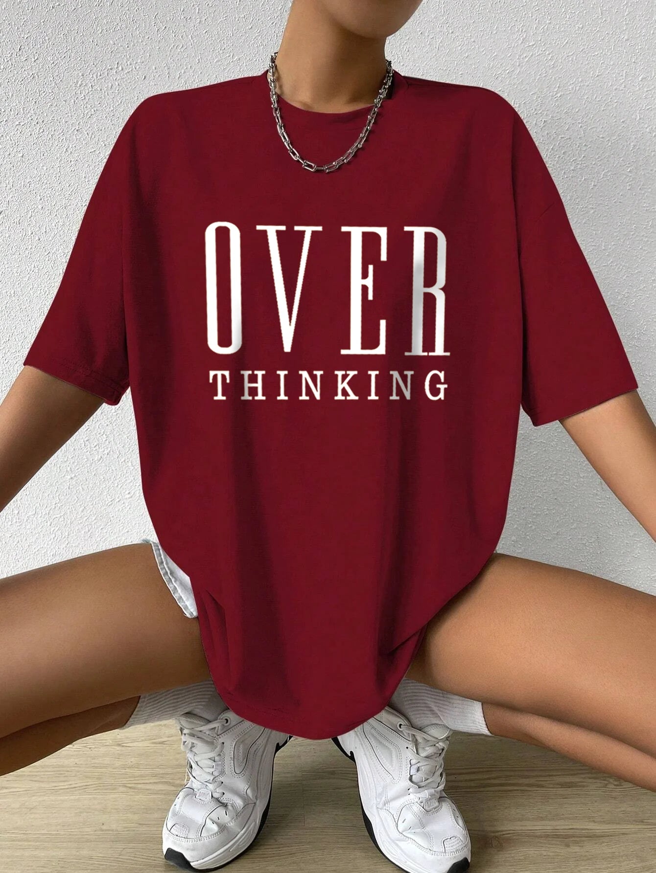 Over Thinking Letter Print Breathable Vintage O-Neck T-Shirt.