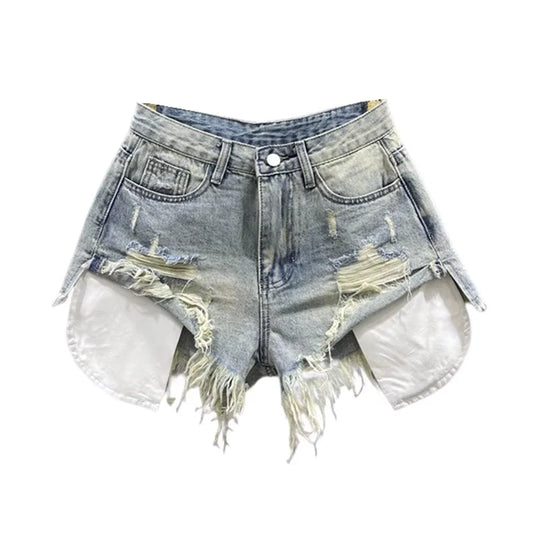 Vintage Blue Sexy Ripped Shorts Patchwork A-line High-waisted Denim.