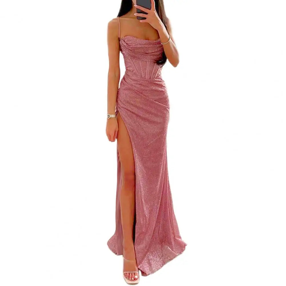 Summer Bodycon Dress Shiny Sequins Spaghetti Strap Split High Waist.