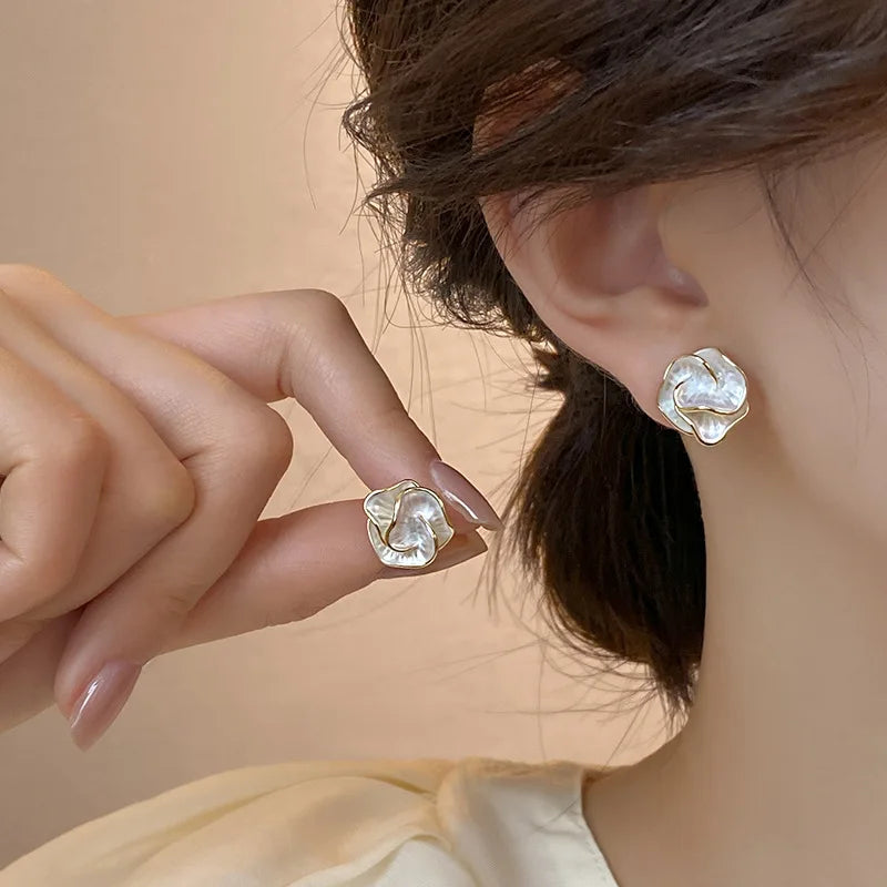 White Enamel Flower Earrings.