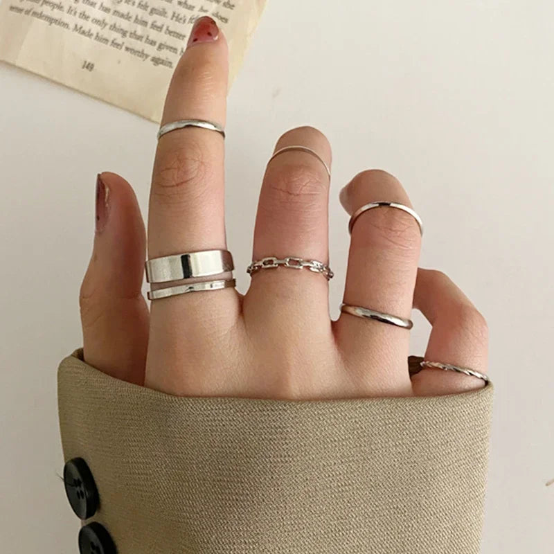 7pcs Fashion Jewelry Rings Set Metal Hollow Round Opening Ring.