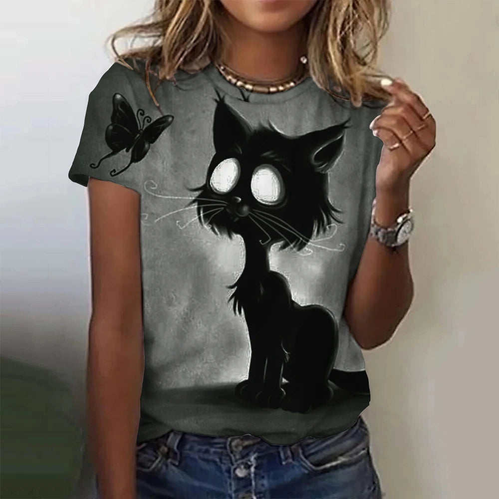 Summer Women's T Shirt Cat Print Casual.