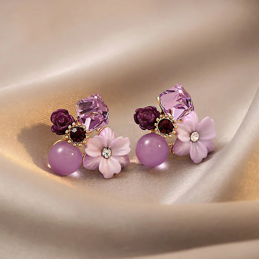 Purple Crystal Flower Earrings.