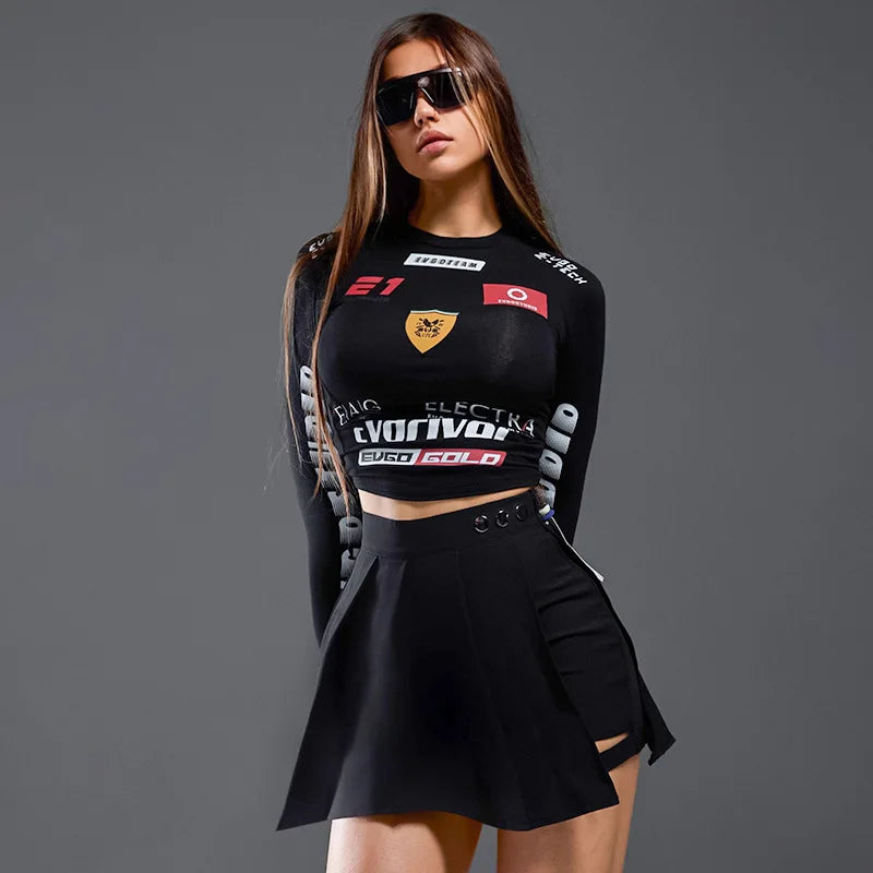 European and American hot girls 2024 new motorcycle style letter print round neck long sleeve slim tops