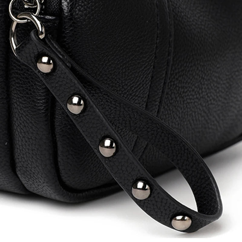 Solid Color Fashionable Rivet Zipper Bag Simple Soft Leather.