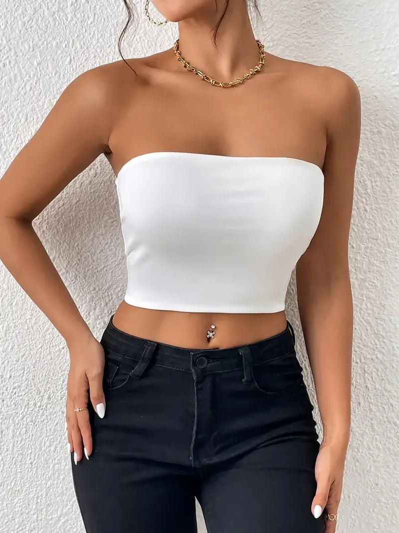 Sexy Bodycon Crop Tube Top, Solid Stretchy Tube Top.