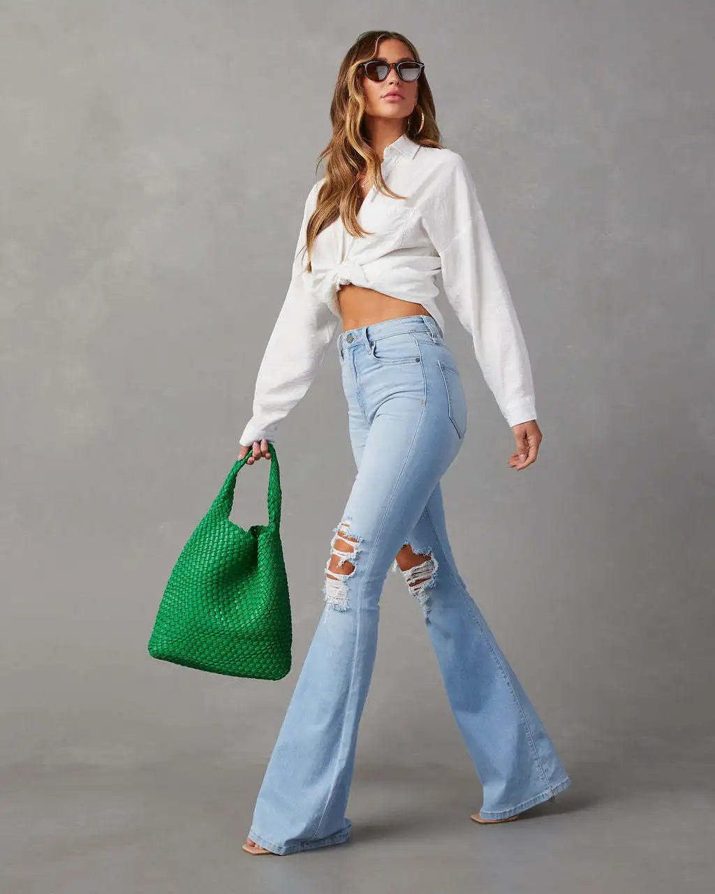 Blue Jeans Casual Long Flare Slim High Waist.