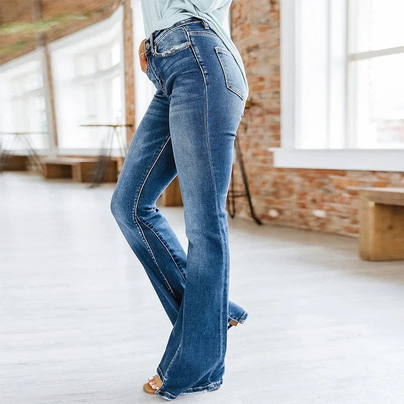 High-waist Splicing Flared, Temperament Washed High-waist Jeans.